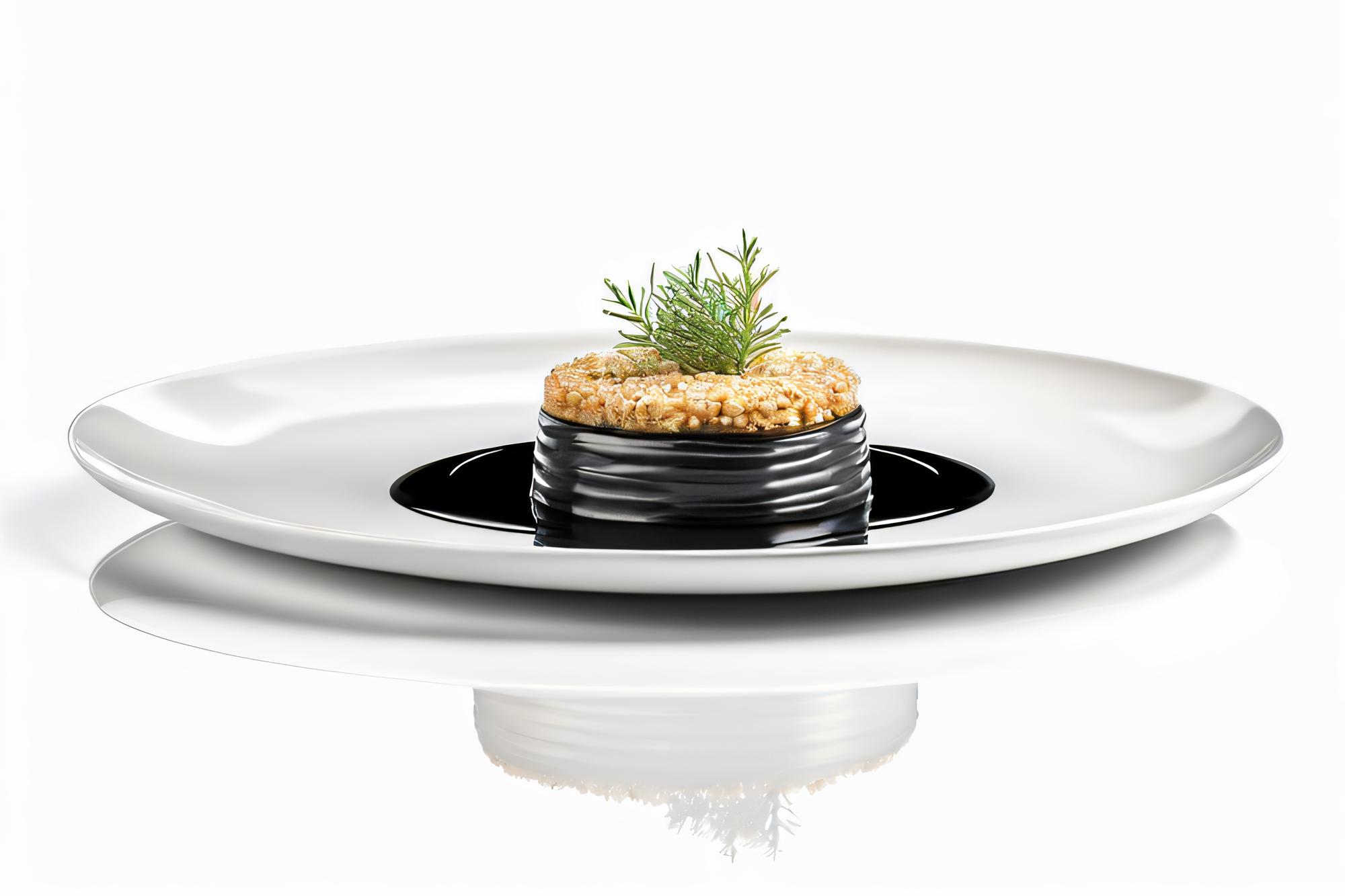 Plato terminado presentado en vajilla moderna